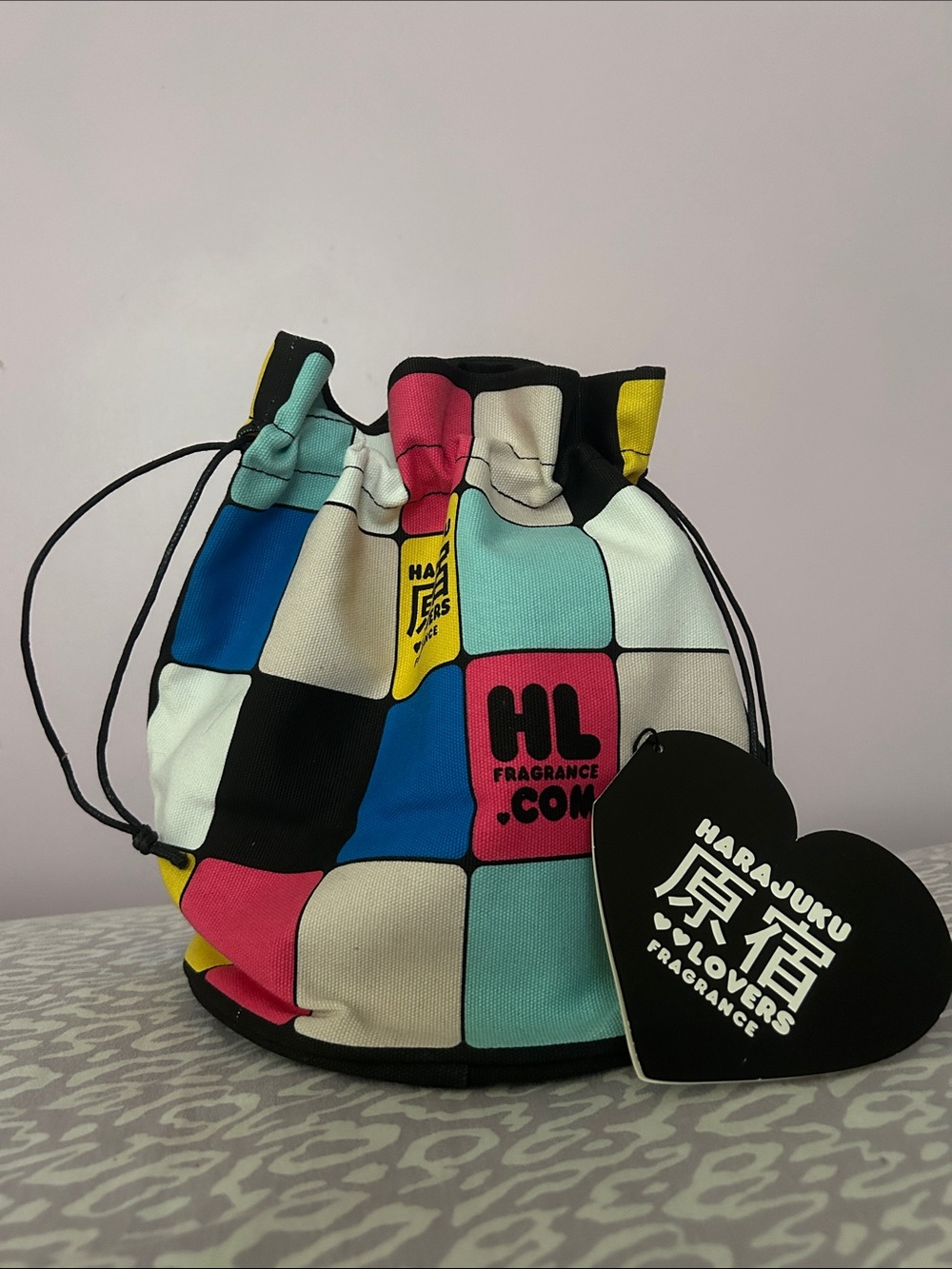 Harajuku Lovers Multicolor Checker Drawstring Bag - Pink/Blue/Yellow/White/Black